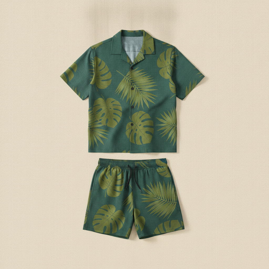 Completo Coordinato Uomo Camicia Camp Fantasia Foglie e Pantaloncini - Foglie Blu