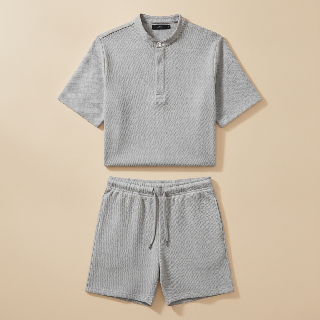Completo Coordinato Uomo Camicia Piqué e Pantaloncini - Grigio Perla