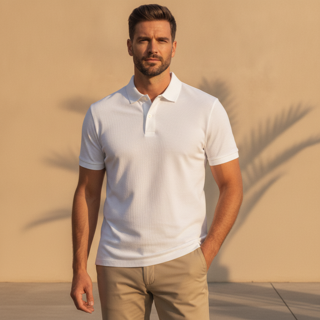 Polo Uomo in Lino Puro – Eleganza Naturale e Fresca - Bianco - indossato