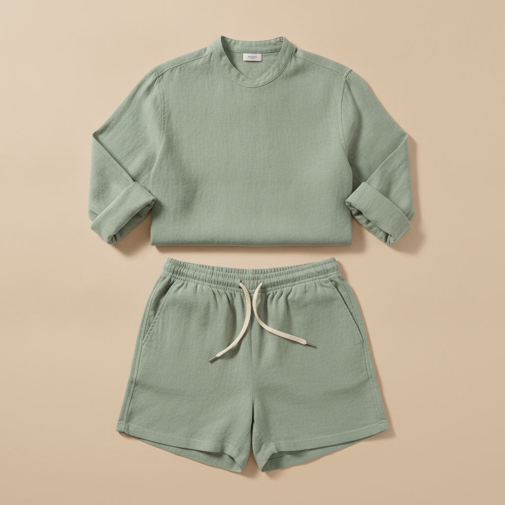 Completo Coordinato Uomo Camicia Lino Manica Lunga e Pantaloncini - Verde Salvia