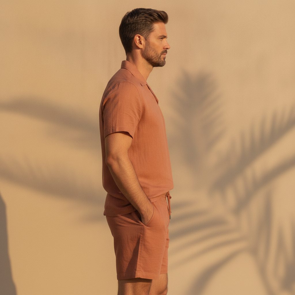 Completo Coordinato Uomo Camicia Cuban Collar Tinta Unita e Pantaloncini - vista laterale