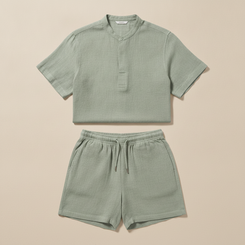 Completo Coordinato Uomo in Ramié Naturale e Pantaloncini - Verde Salvia