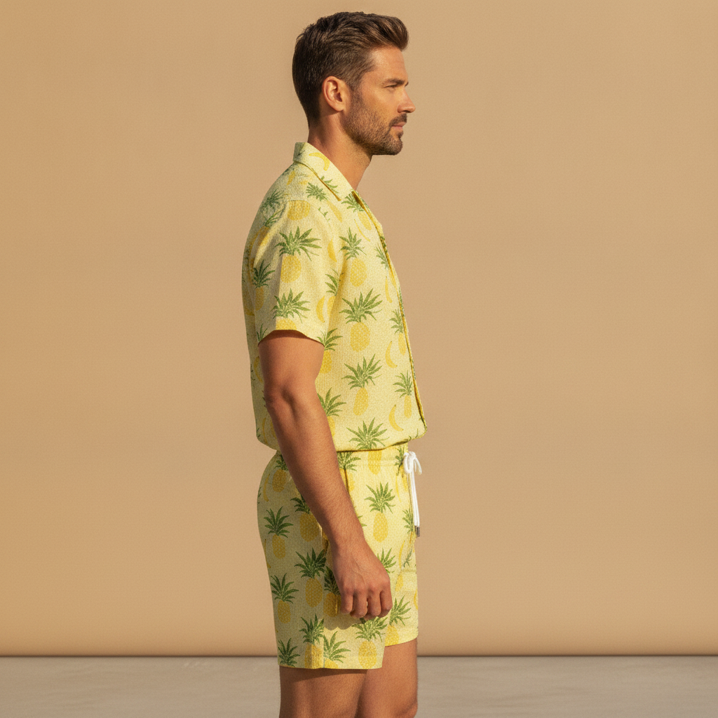 Completo Coordinato Uomo Camicia Stampa Frutti Tropicali e Pantaloncini - vista laterale