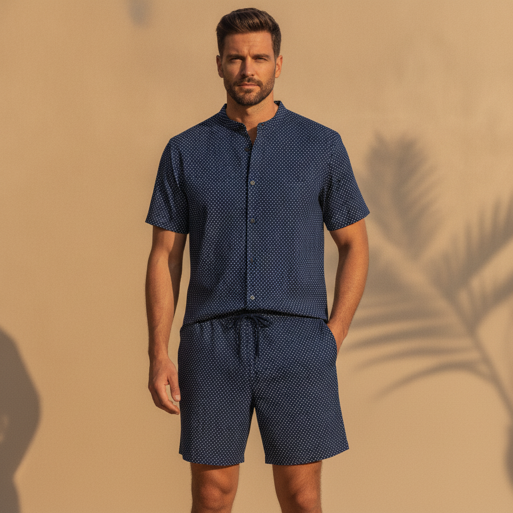Completo Coordinato Uomo Camicia Micro-Pois e Pantaloncini - Navy Micro-Pois - indossato