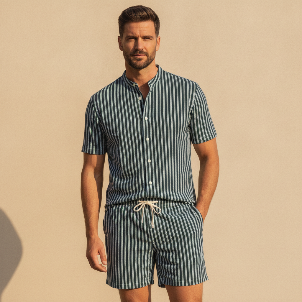 Completo Coordinato Uomo Camicia a Righe Verticali e Pantaloncini - Navy e Bianco - indossato
