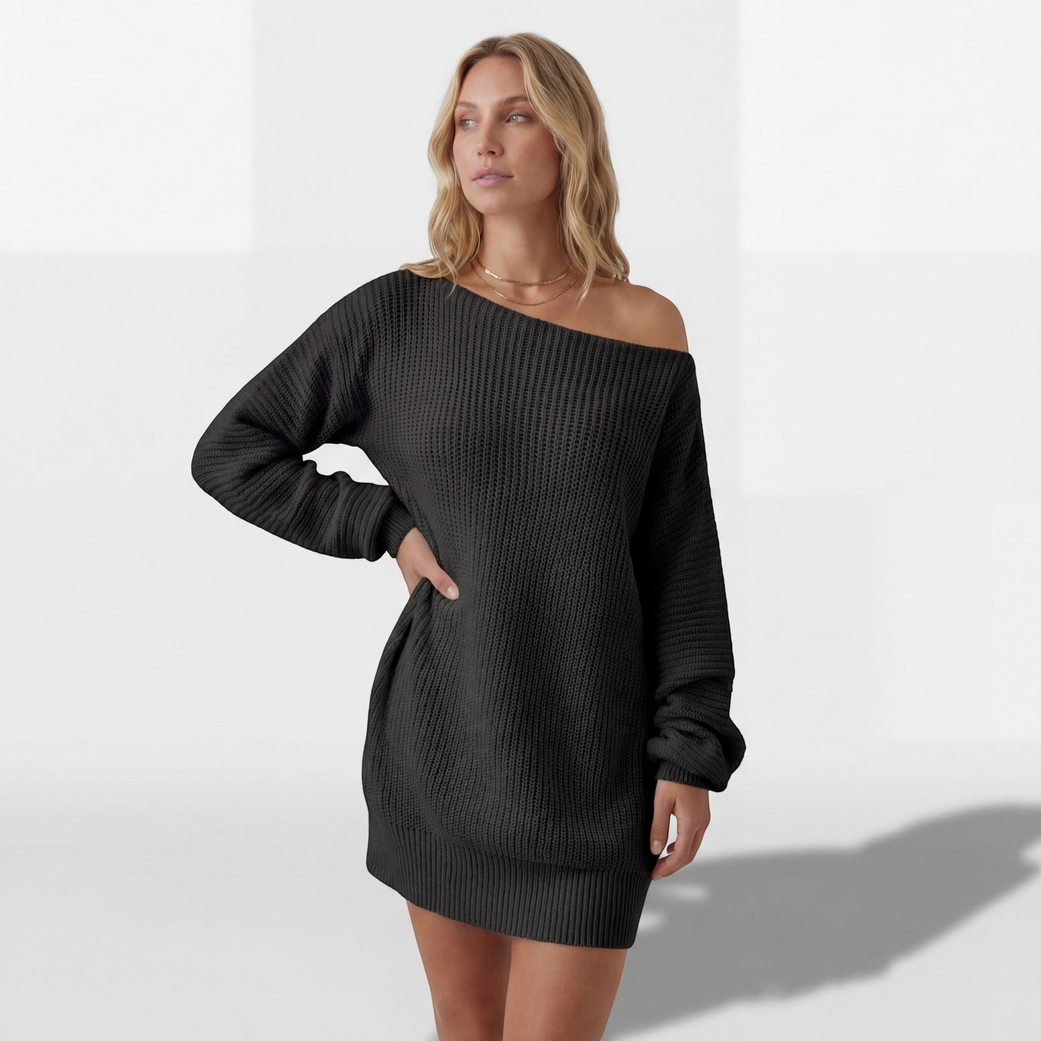 Abito maglione donna maglia strutturata – Abito mini spalle scoperte