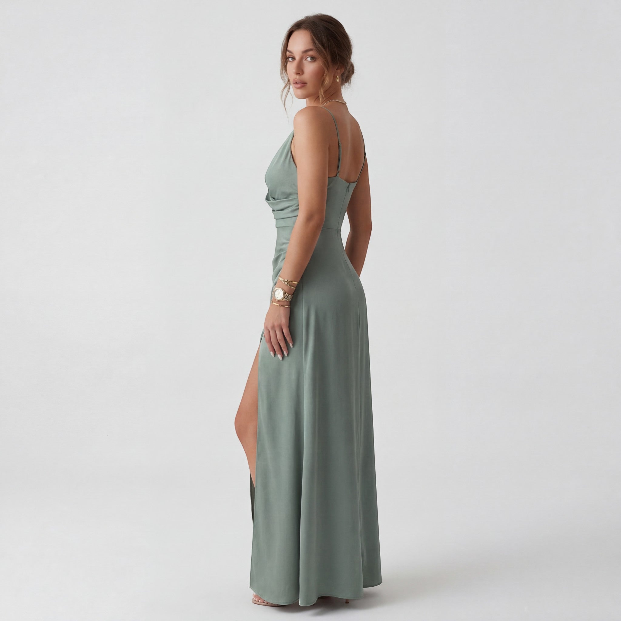 Abito lungo donna in tessuto leggero, scollo a V — vista 5