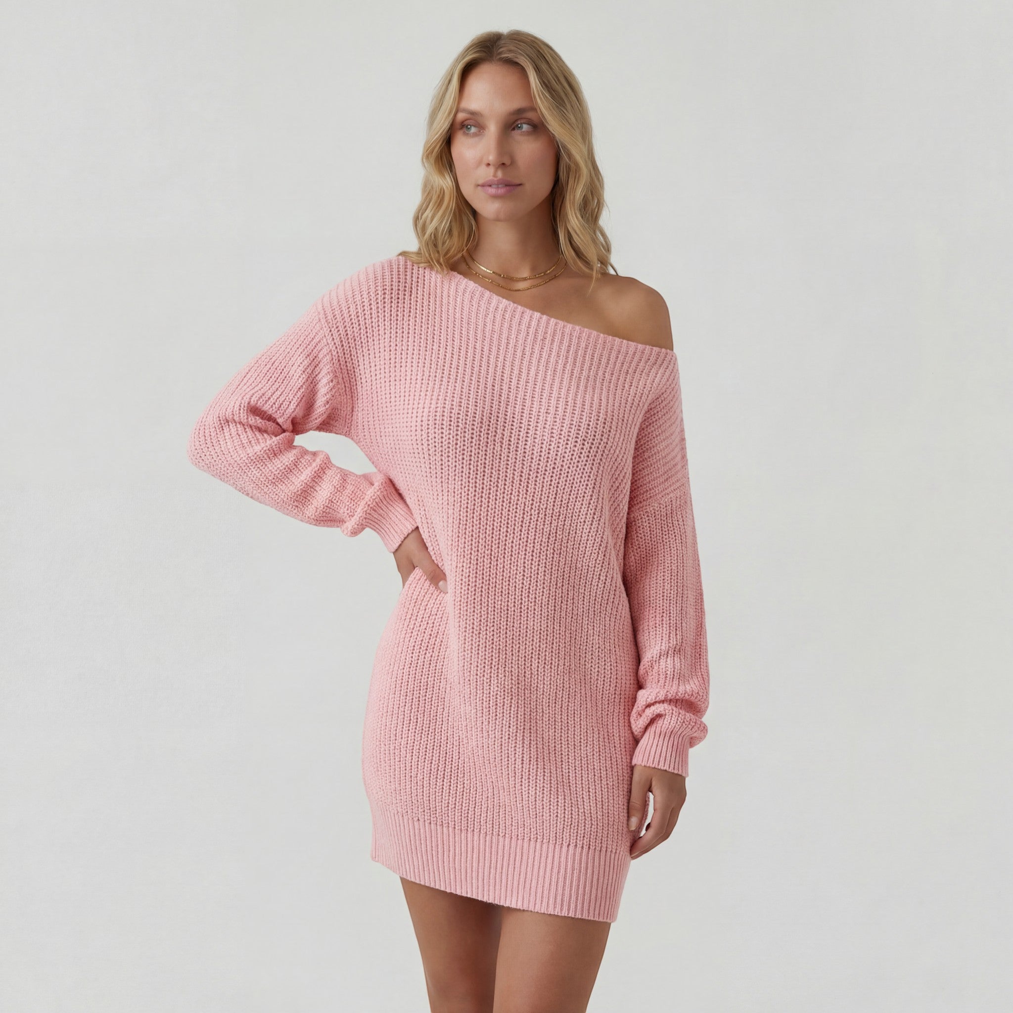Abito maglione donna maglia strutturata – Abito mini spalle scoperte