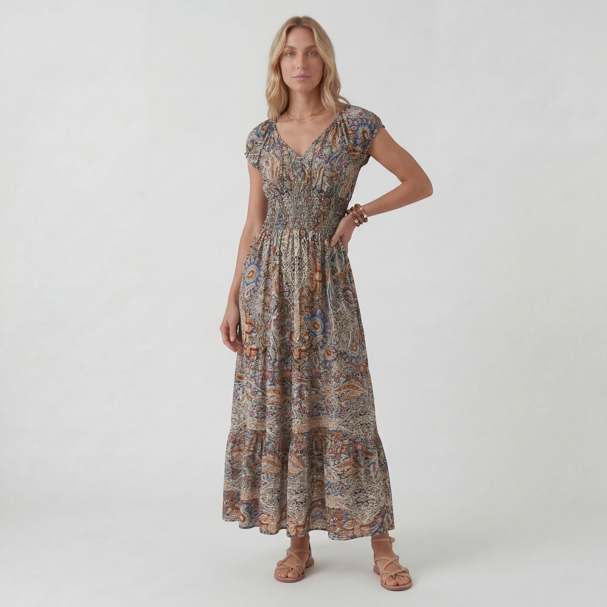 Abito lungo donna in tessuto leggero, scollo a V — vista 5