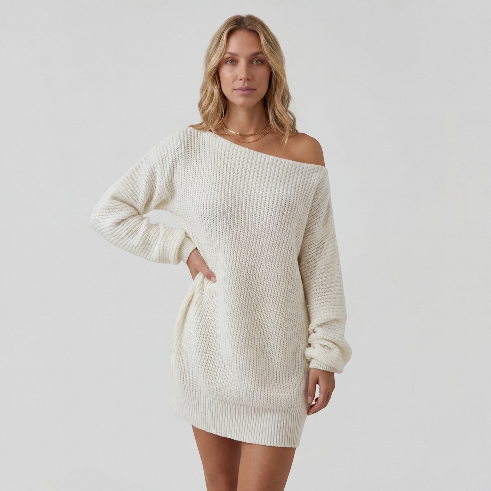 Abito maglione donna maglia strutturata – Abito mini spalle scoperte