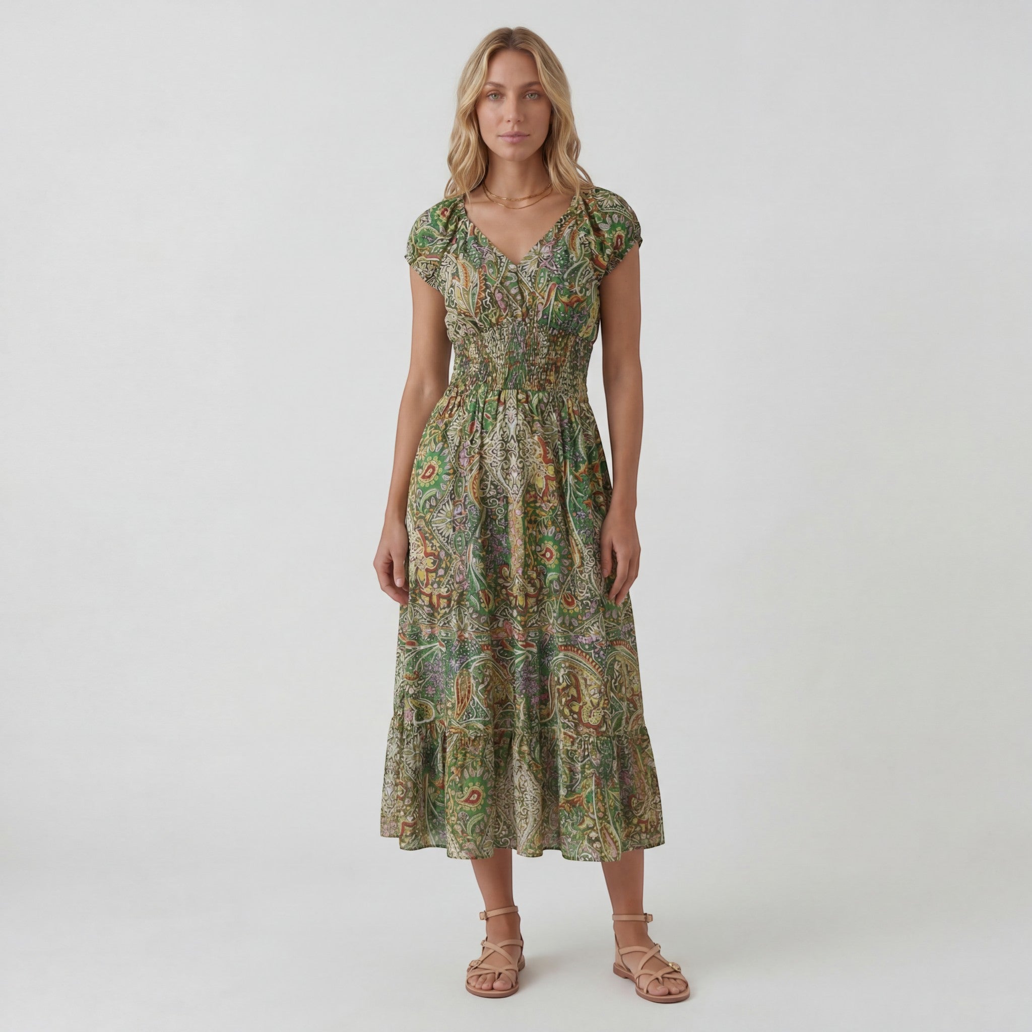 Abito lungo donna in tessuto leggero, scollo a V