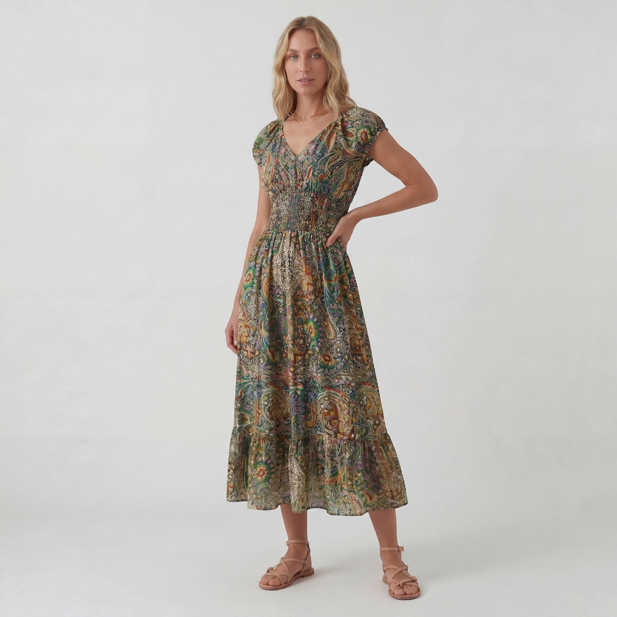 Abito lungo donna in tessuto leggero, scollo a V — vista 7