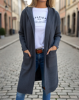 Cardigan donna lungo in maglia con cappuccio