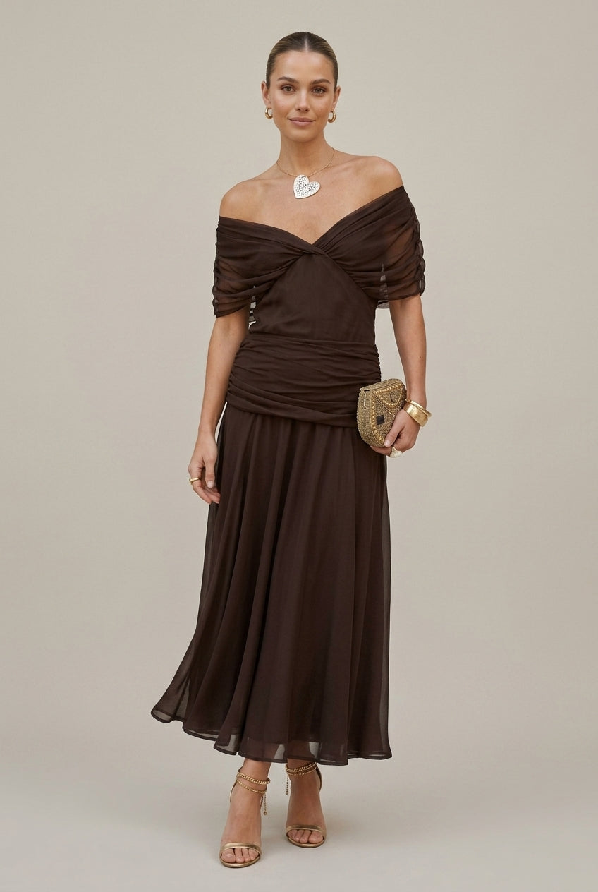 Abito lungo donna in chiffon, scollo a V
