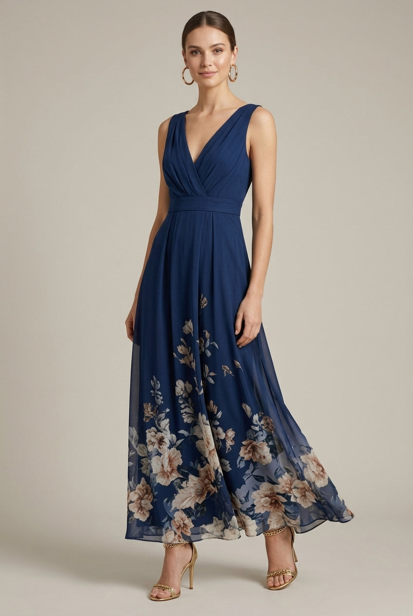 Abito lungo donna in tessuto leggero, scollo a V