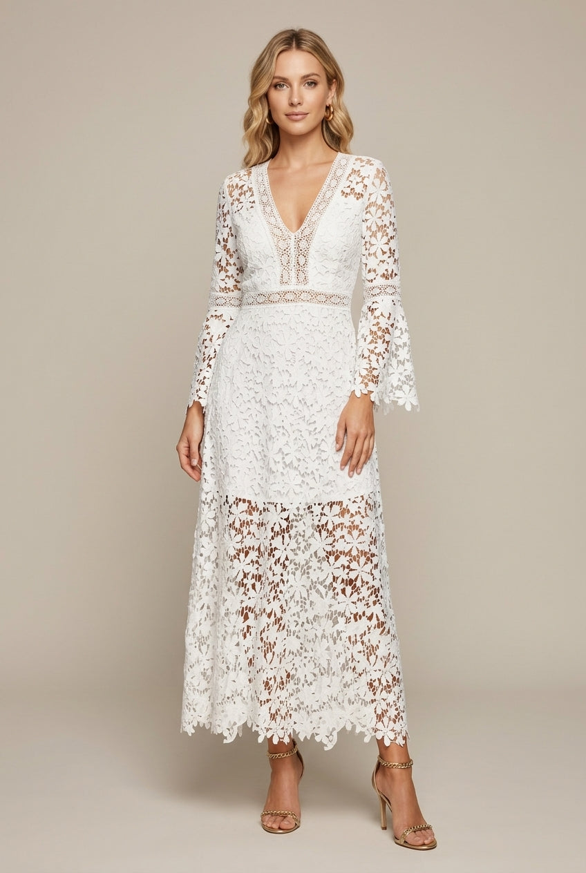 Abito lungo donna in pizzo, scollo a V