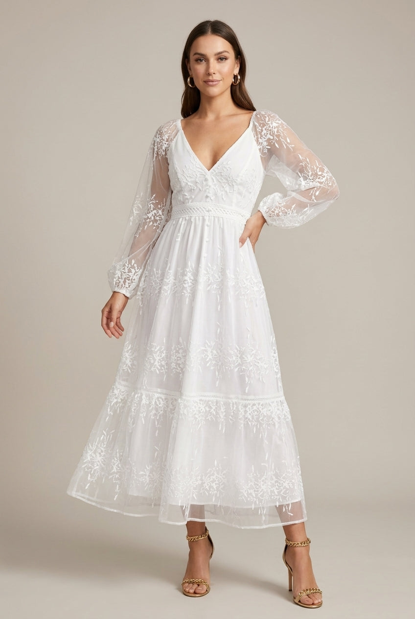 Abito lungo donna in pizzo, scollo a V