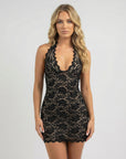 Mini abito da donna in pizzo – Scollo profondo halter con lacci