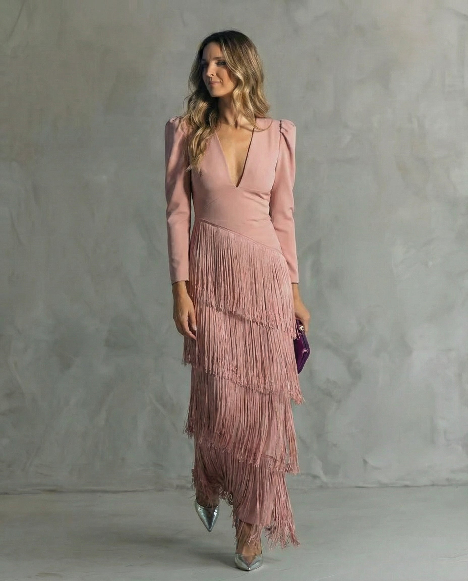 Abito lungo donna in tessuto leggero, scollo a V — vista 6