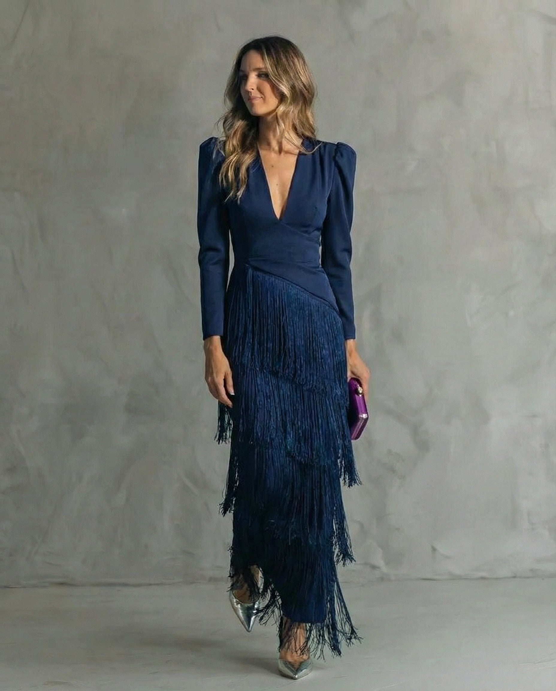 Abito lungo donna in tessuto leggero, scollo a V — vista 5