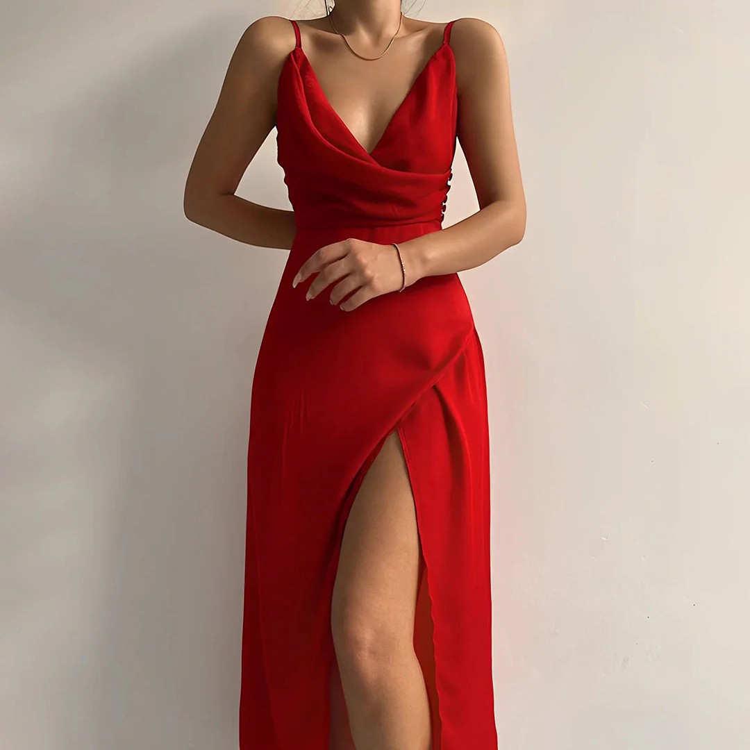 Abito lungo donna in tessuto leggero, scollo a V — vista 4