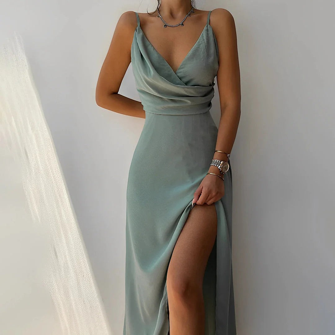 Abito lungo donna in tessuto leggero, scollo a V — vista 6