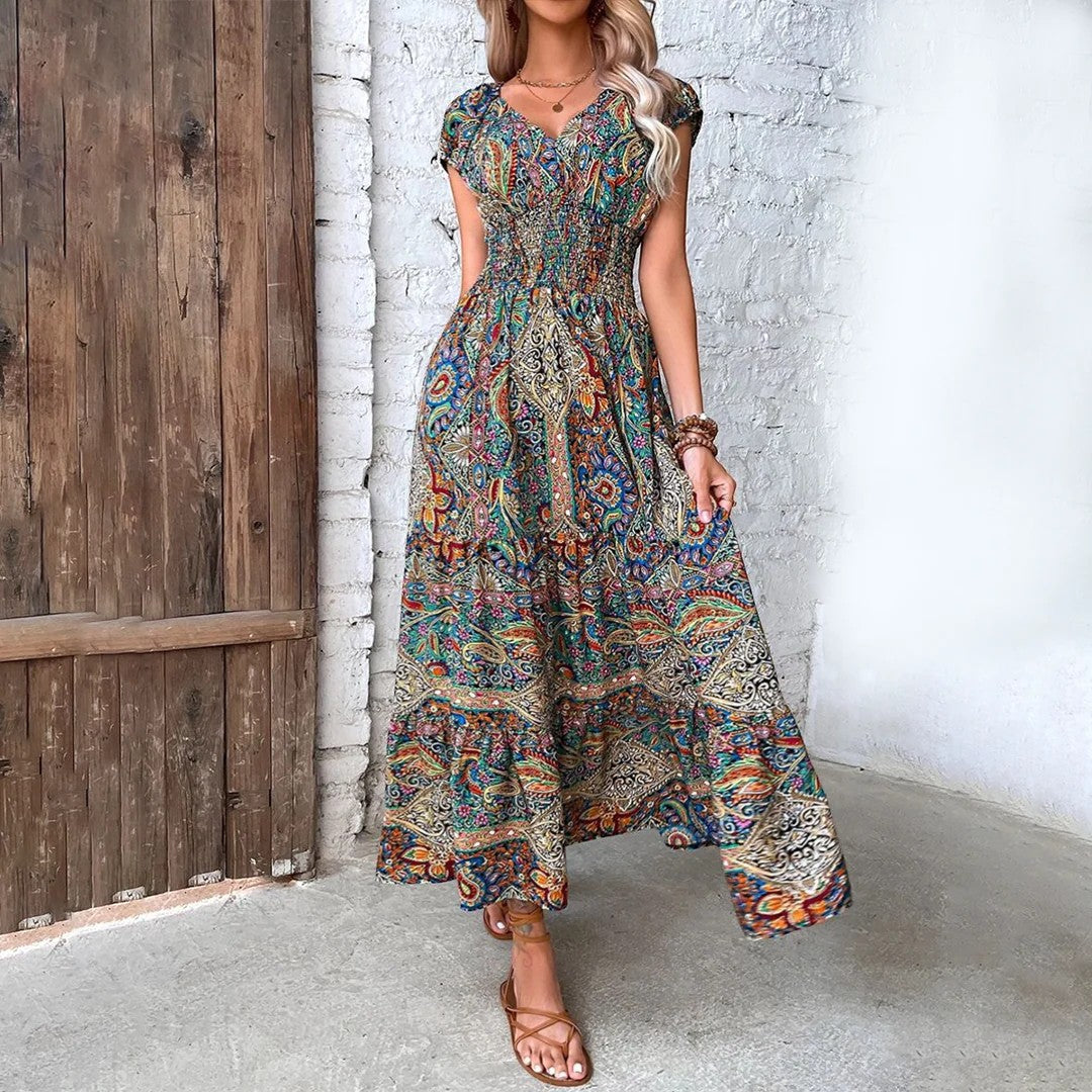 Abito lungo donna in tessuto leggero, scollo a V — vista 4