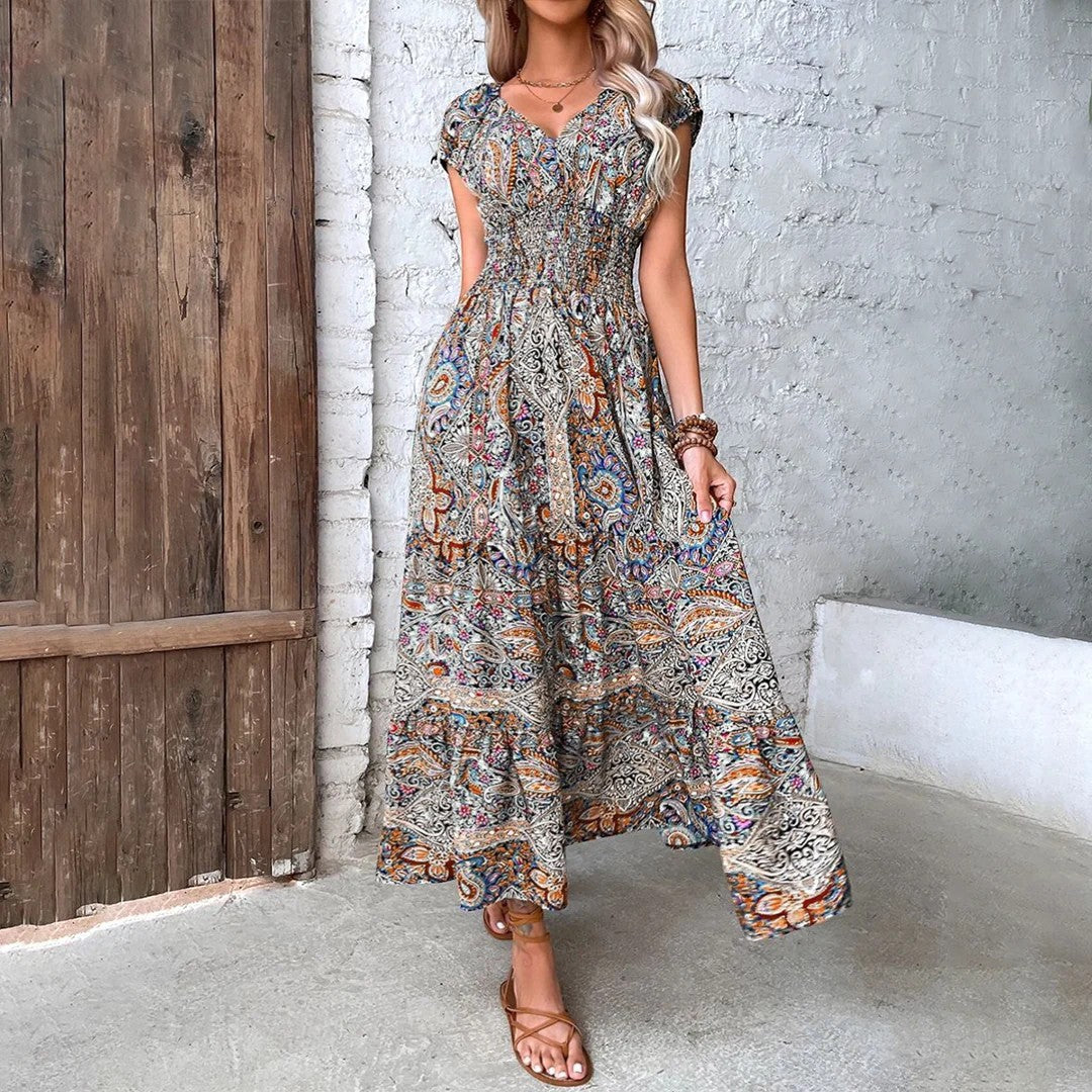 Abito lungo donna in tessuto leggero, scollo a V — vista 6