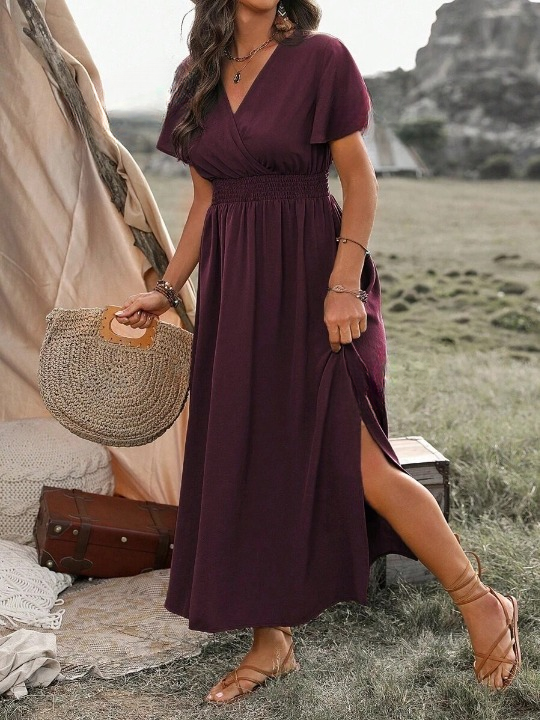 Abito lungo donna in tessuto leggero, scollo a V — vista 7