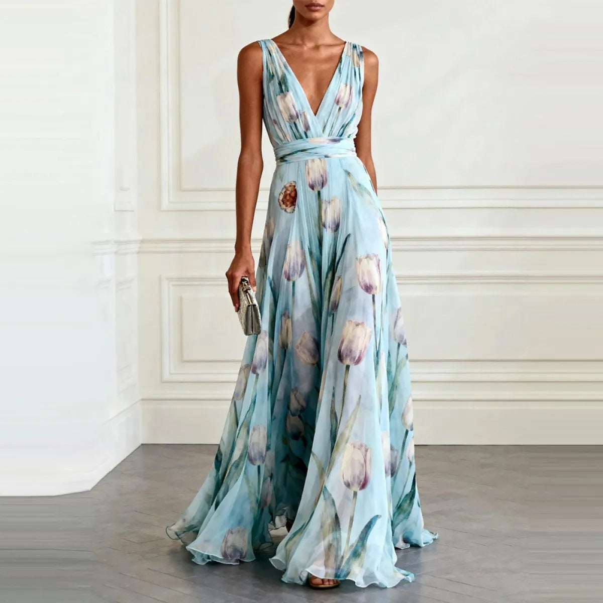 Abito lungo donna in chiffon, scollo a V — vista 6