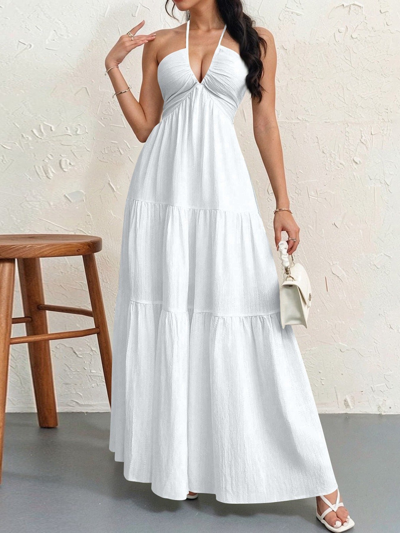 Abito lungo donna in tessuto leggero, scollo a V