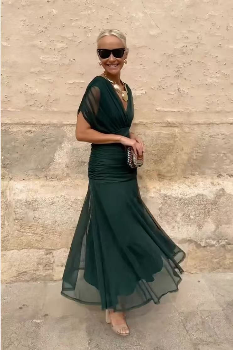 Abito lungo donna in chiffon, scollo a V — vista 4