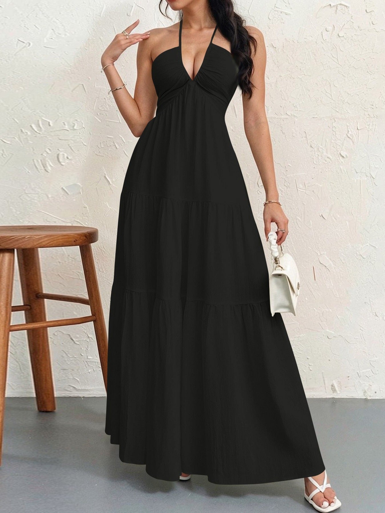Abito lungo donna in tessuto leggero, scollo a V — vista 4