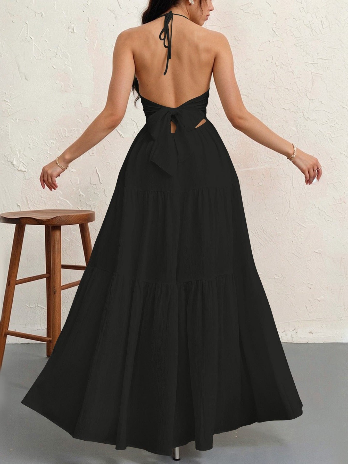 Abito lungo donna in tessuto leggero, scollo a V — vista 5