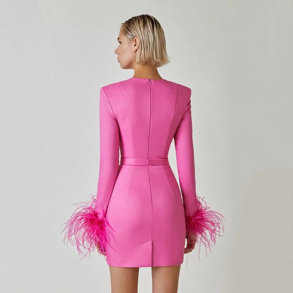 Abito bodycon donna mini – Collo quadrato e polsini in piume fantasia