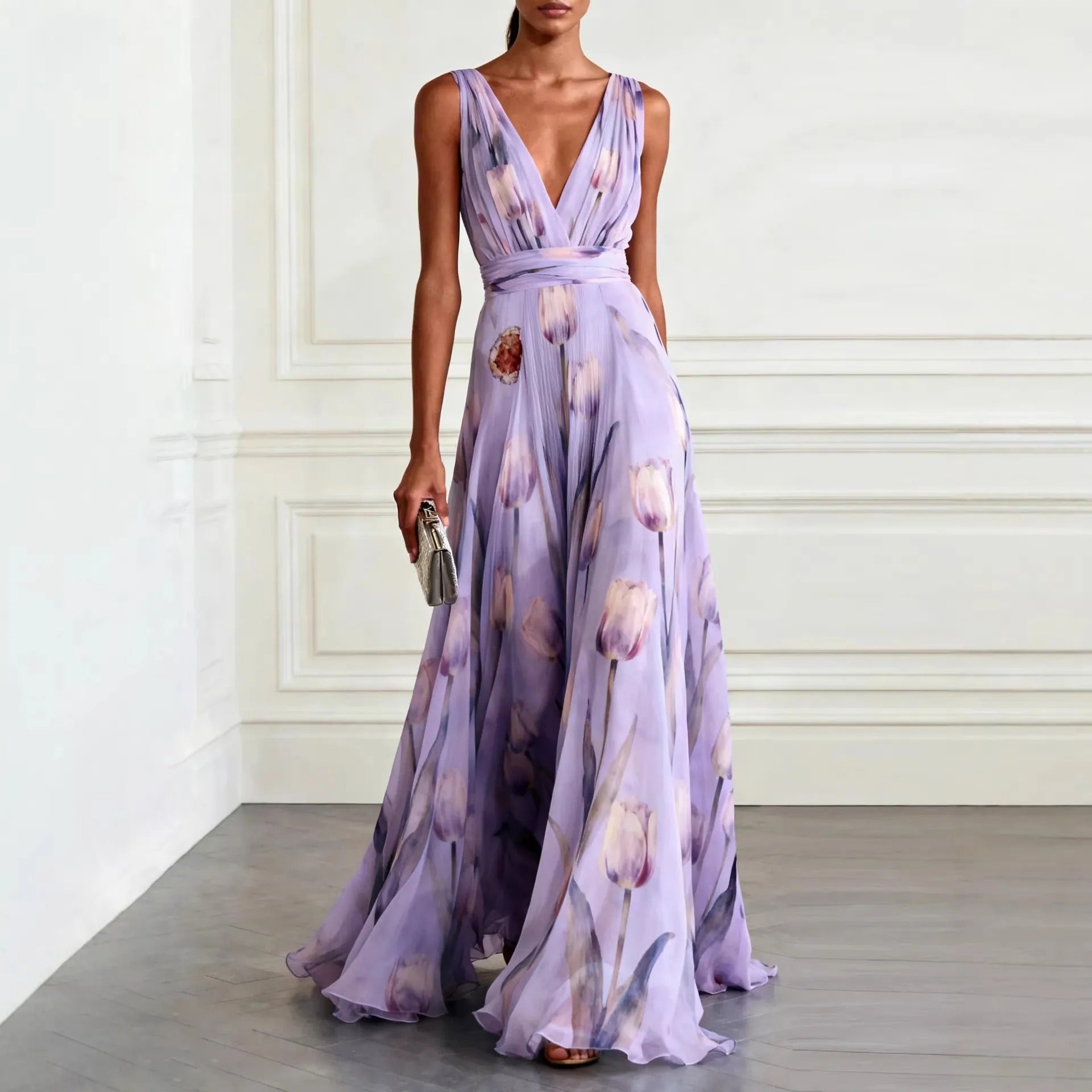 Abito lungo donna in chiffon, scollo a V — vista 4