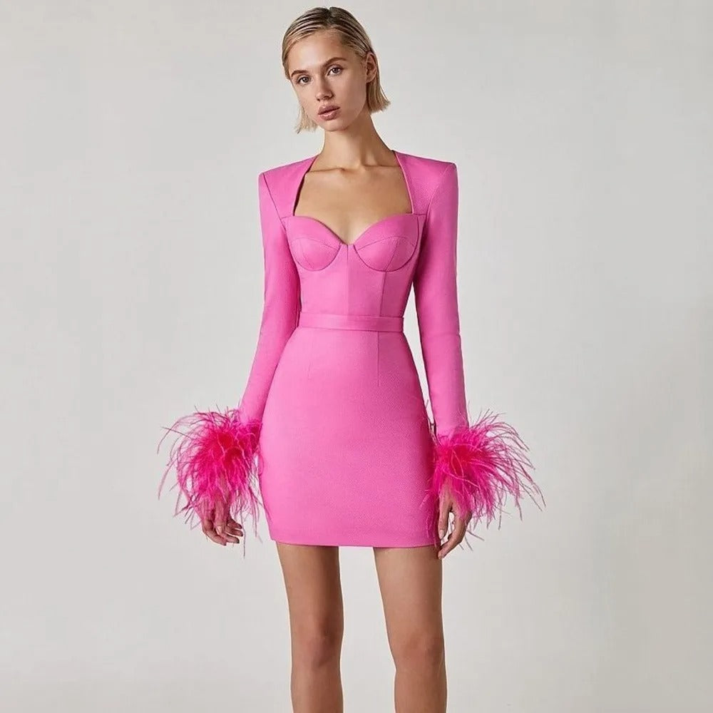 Abito bodycon donna mini – Collo quadrato e polsini in piume fantasia