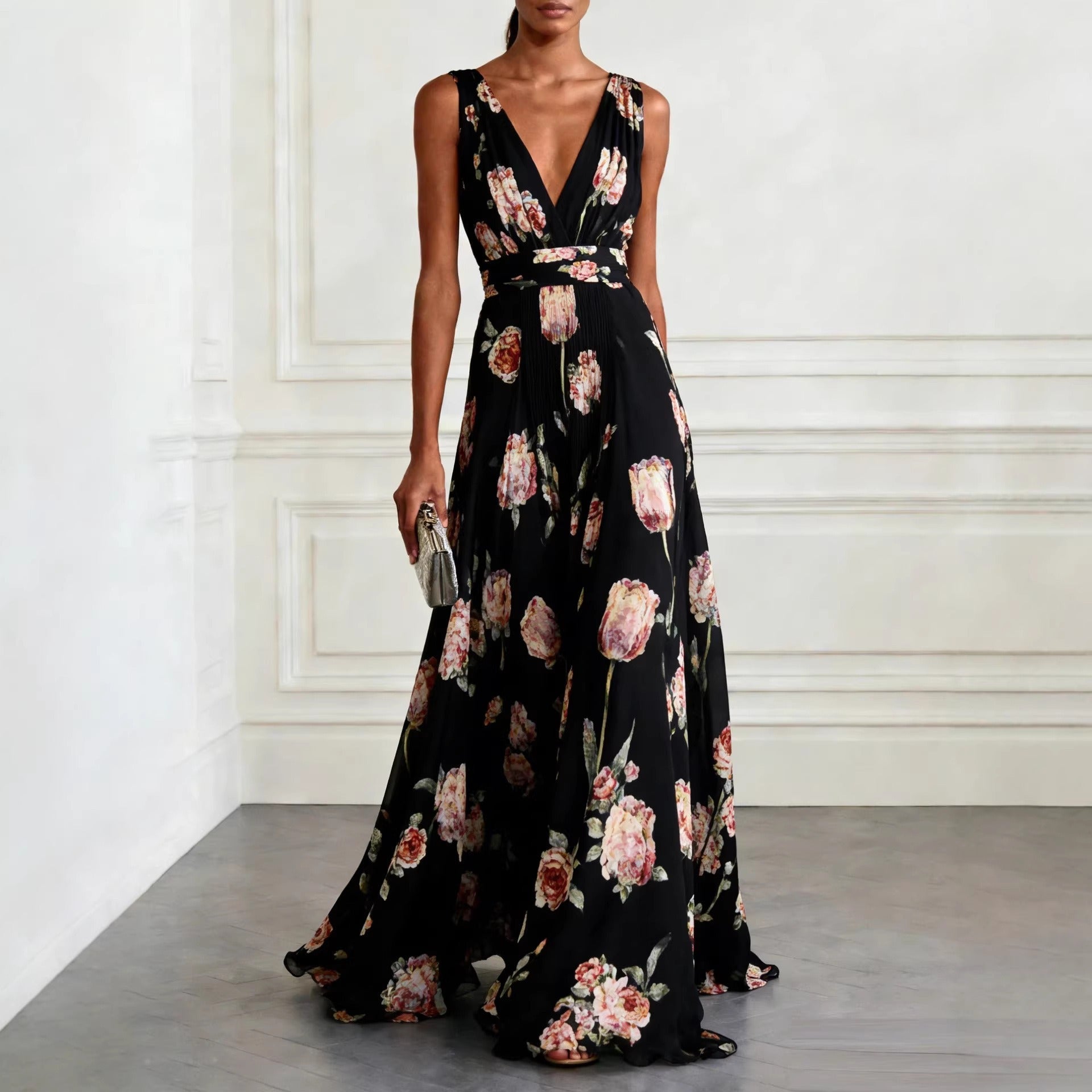 Abito lungo donna in chiffon, scollo a V