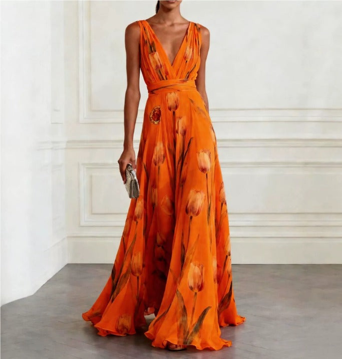 Abito lungo donna in chiffon, scollo a V — vista 5