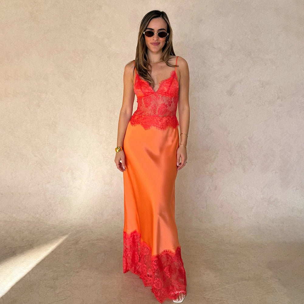 Abito lungo donna in pizzo, scollo a V — vista 6