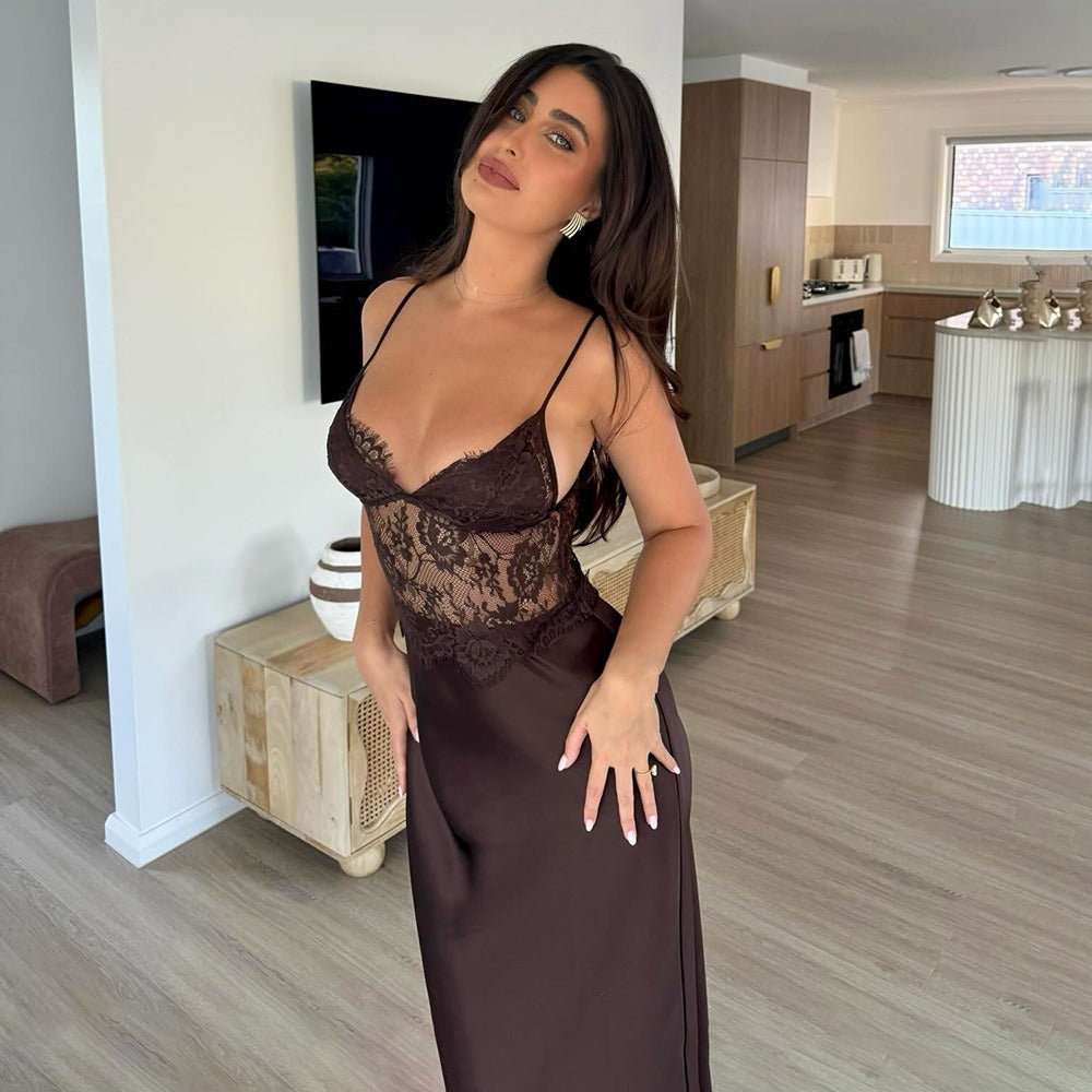 Abito lungo donna in pizzo, scollo a V — vista 4
