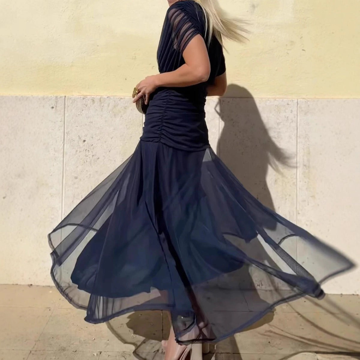 Abito lungo donna in chiffon, scollo a V