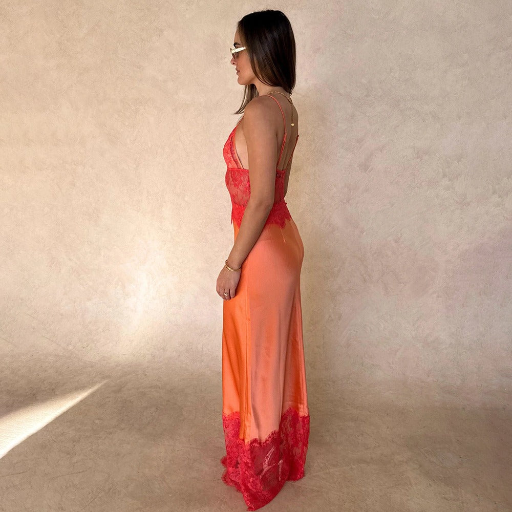 Abito lungo donna in pizzo, scollo a V — vista 8