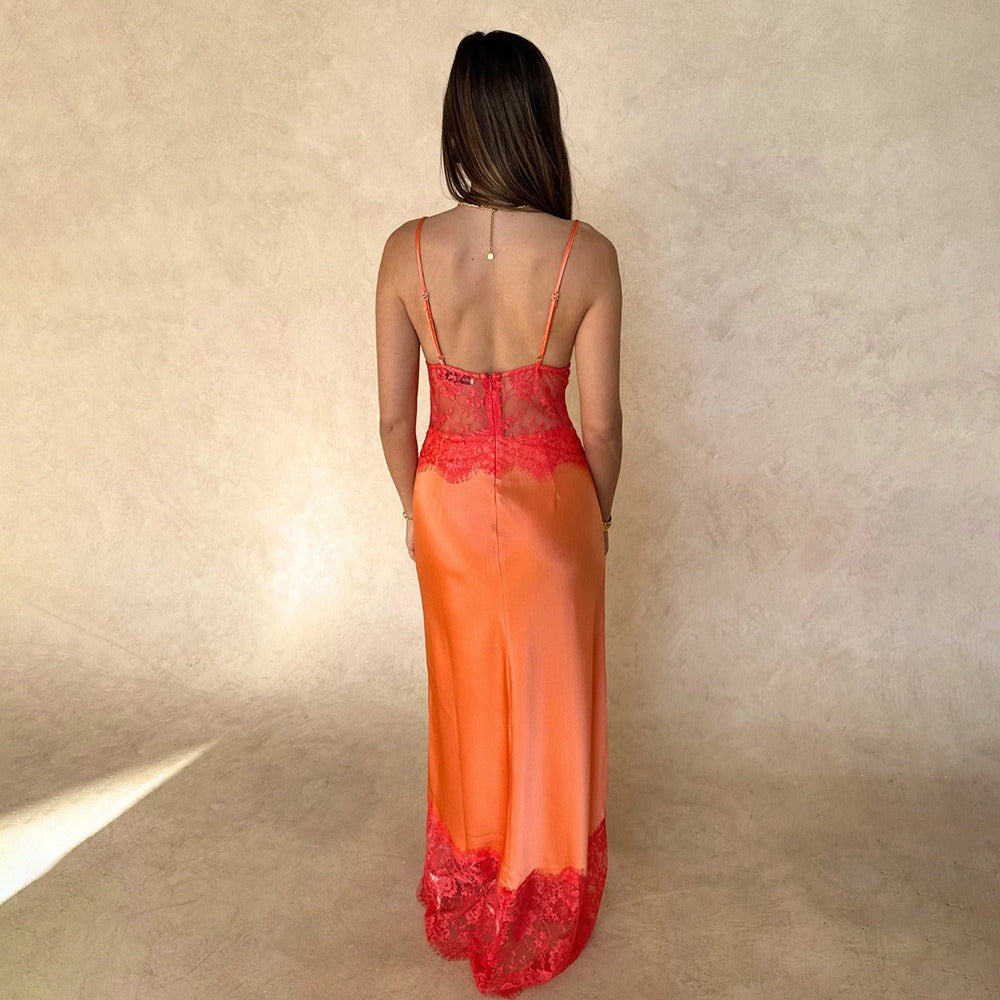 Abito lungo donna in pizzo, scollo a V — vista 7