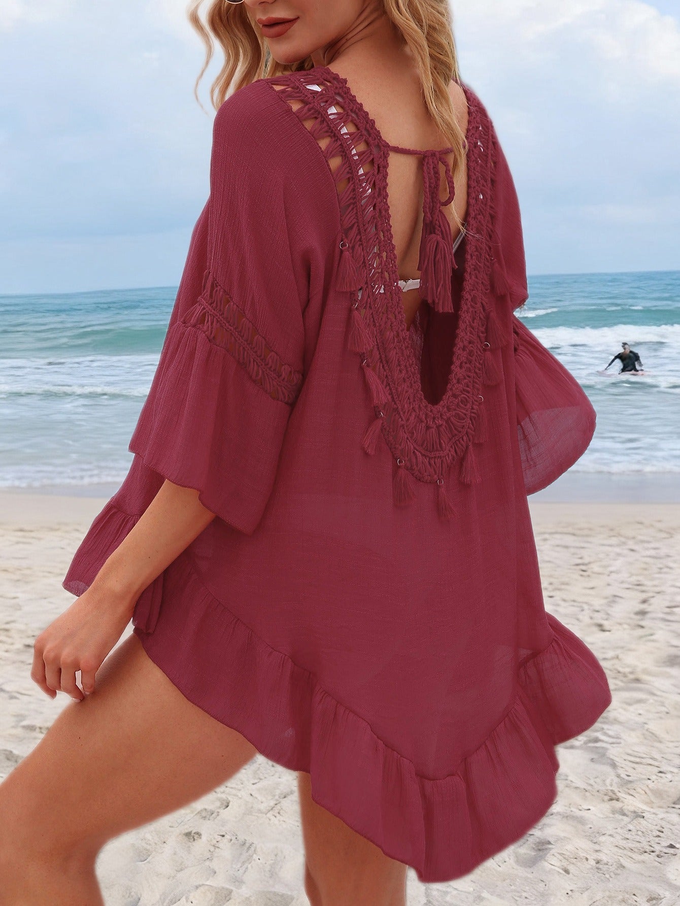 Vestito Mini Donna in Tessuto Intrecciato – Bordo all’Uncinetto e Taglio Ajoure