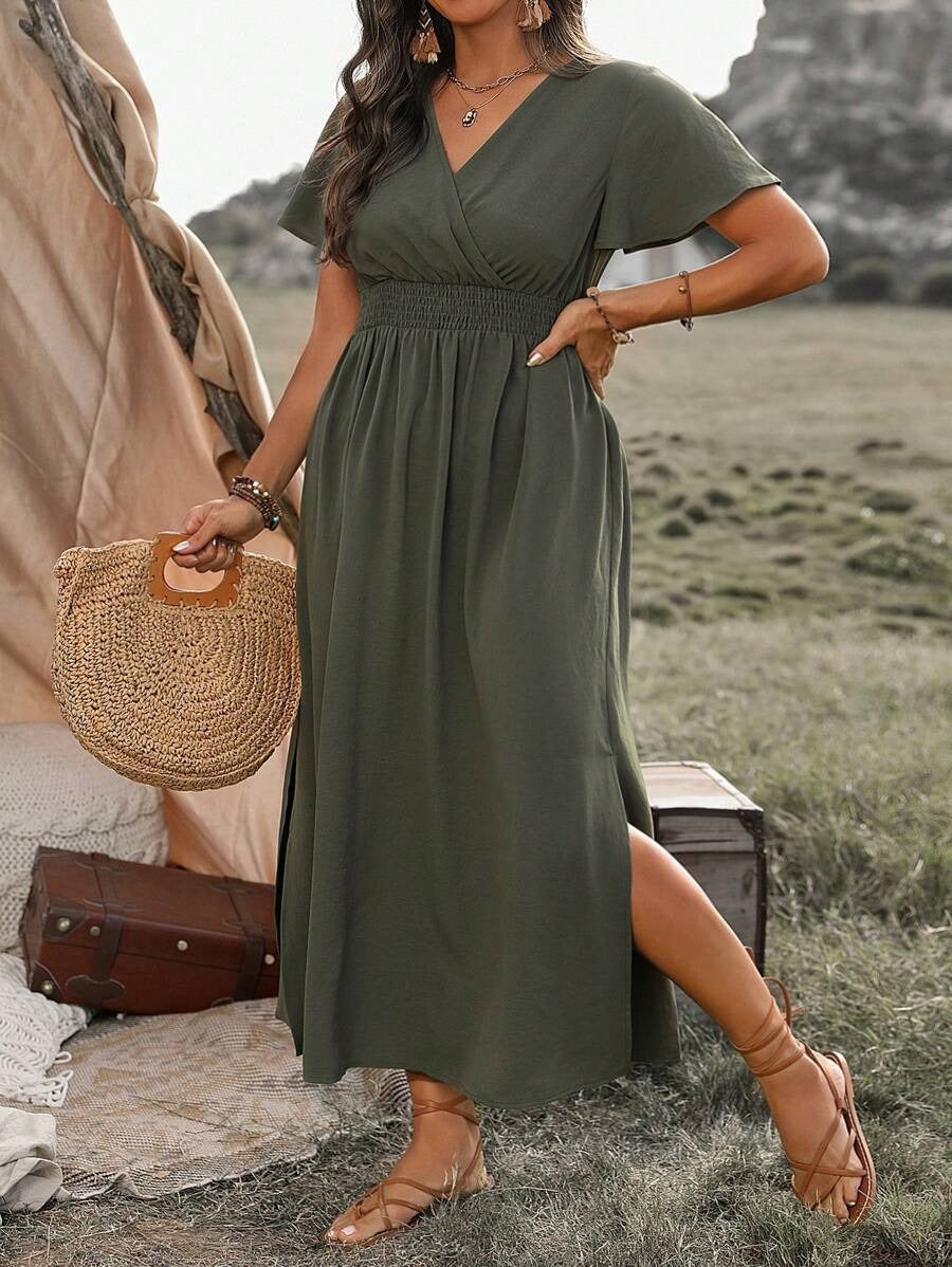 Abito lungo donna in tessuto leggero, scollo a V — vista 5
