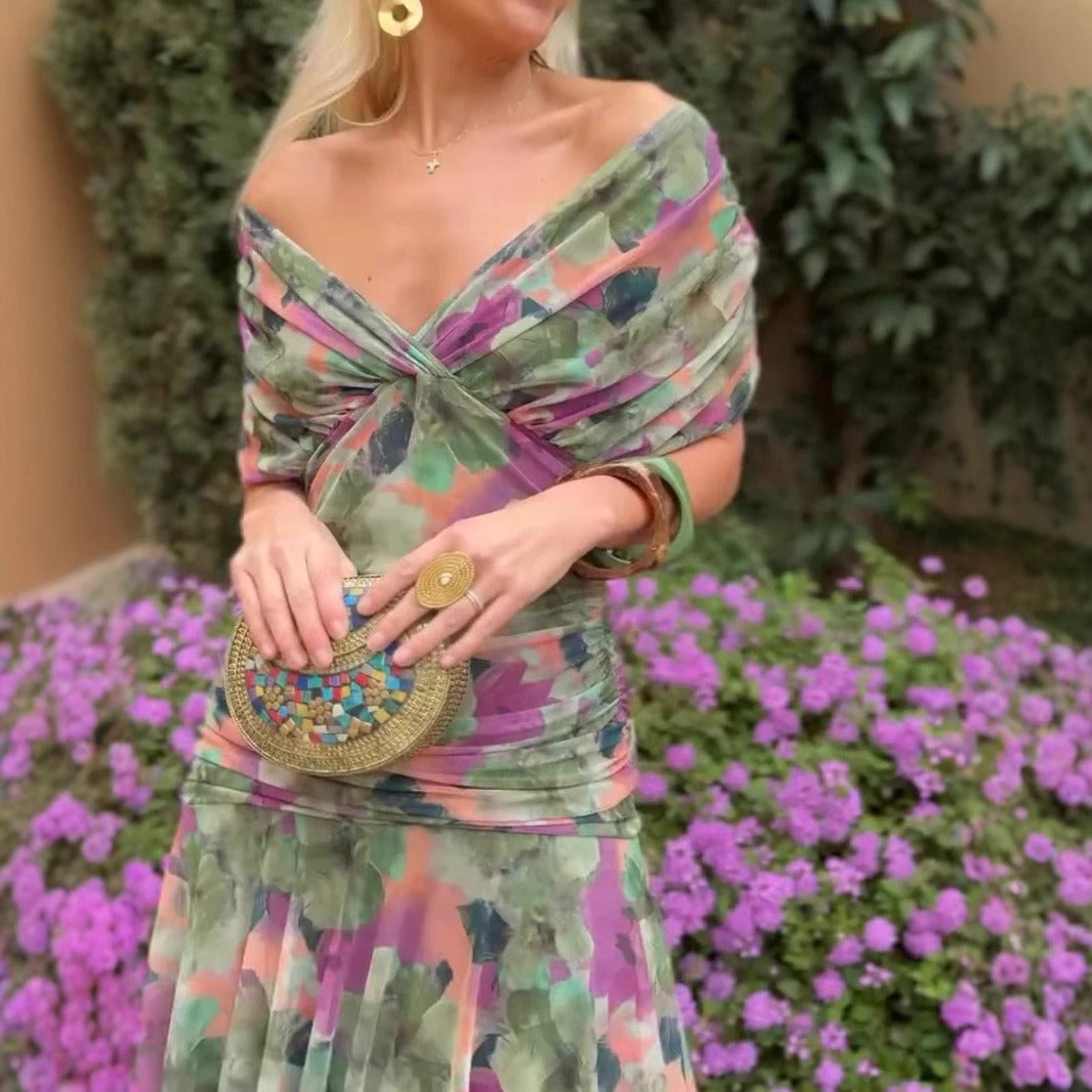 Abito lungo donna in chiffon, scollo a V — vista 7