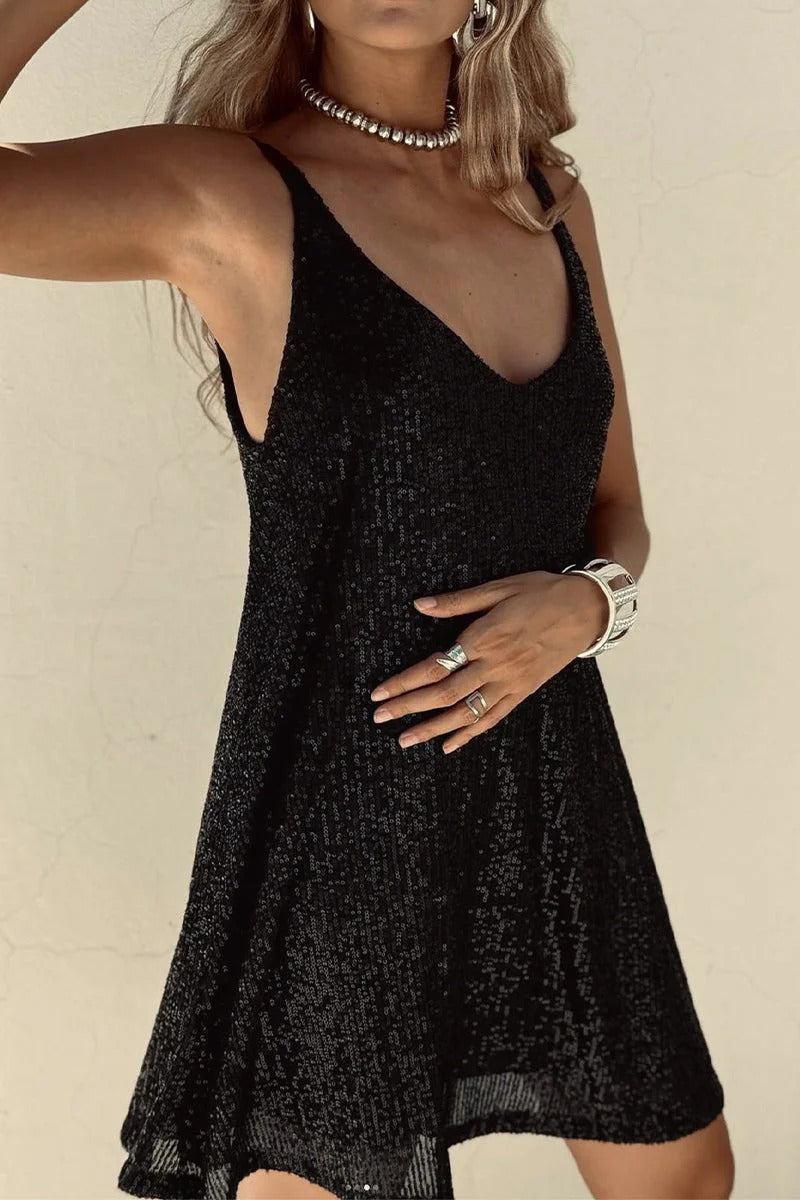 Abito Mini Donna con Paillettes – Schiena a V Profonda &amp; Taglio Attillato