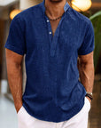Camicia in lino da uomo Silas - Camicia estiva traspirante con collo Henley e maniche corte