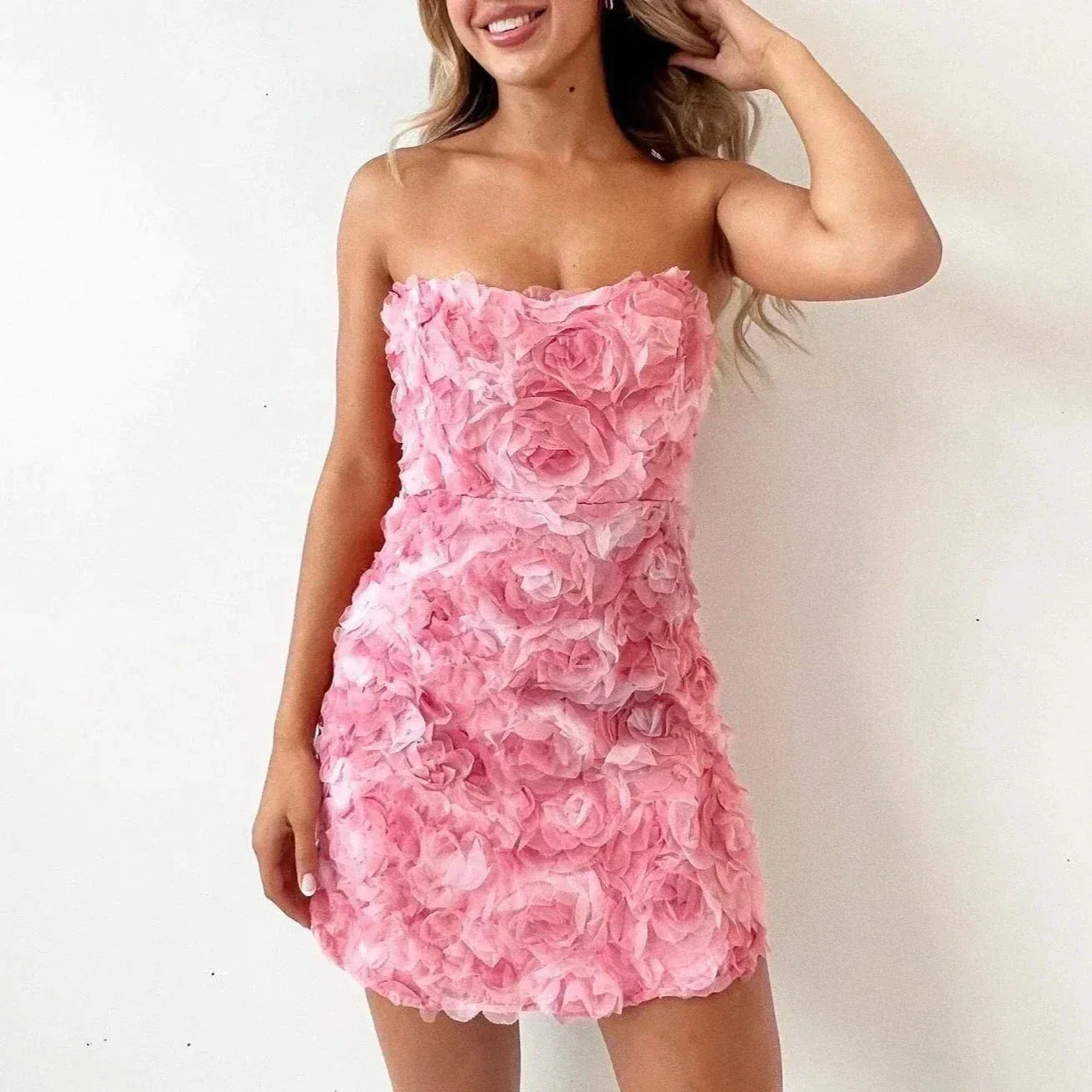 Abito mini donna floreale bustier – texture applicata, taglio bodycon